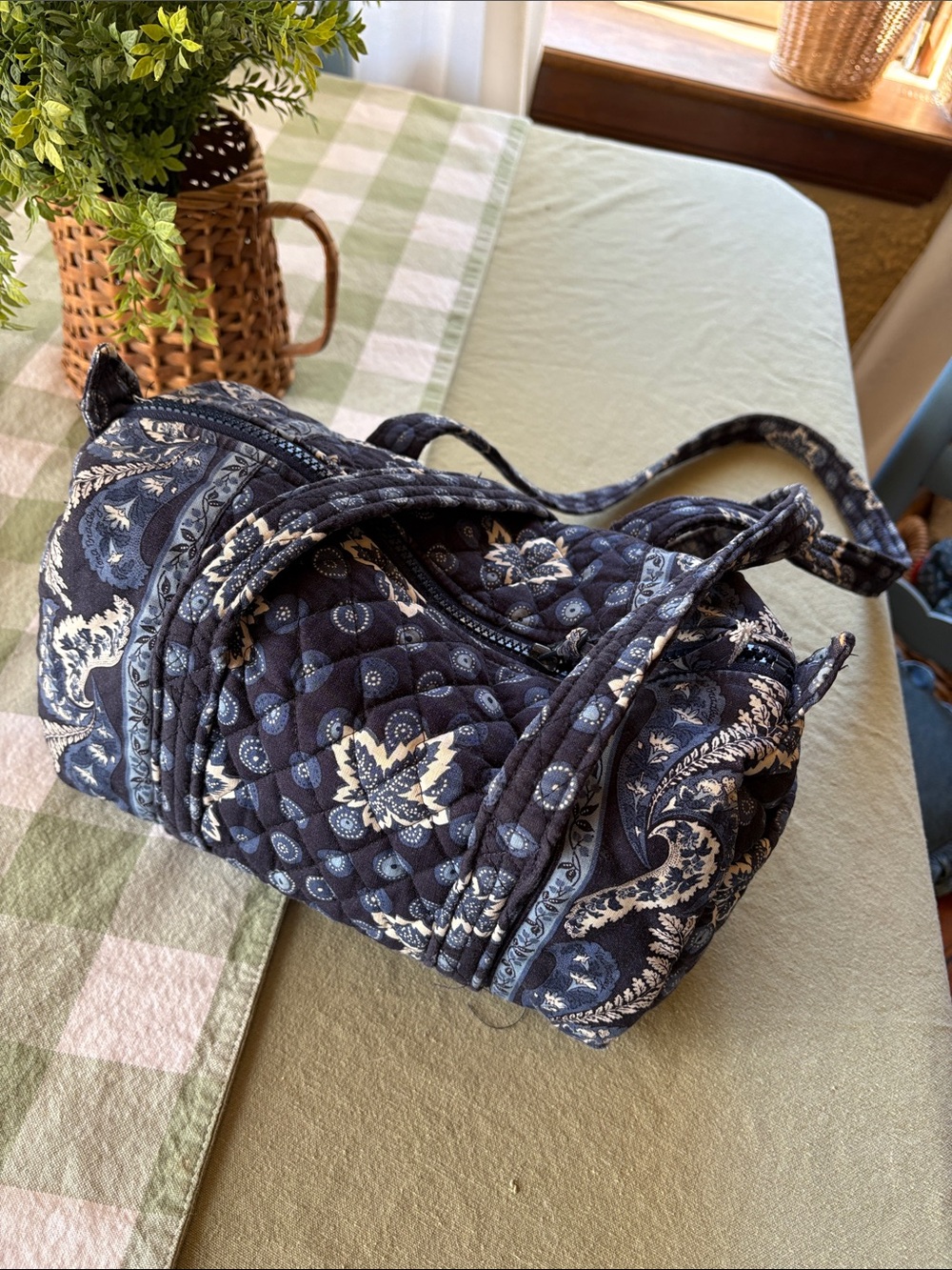 Vera Bradley Navy Quilted Floral Barrel Crossbody Bag